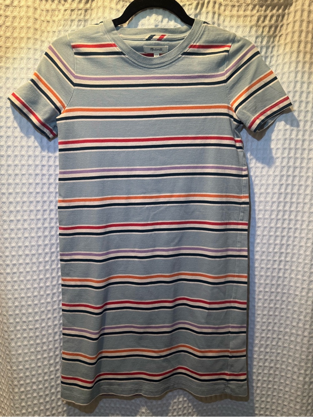 Madewell Light Blue Striped Midi Dress with Red, Orange, Purple & Navy Accents